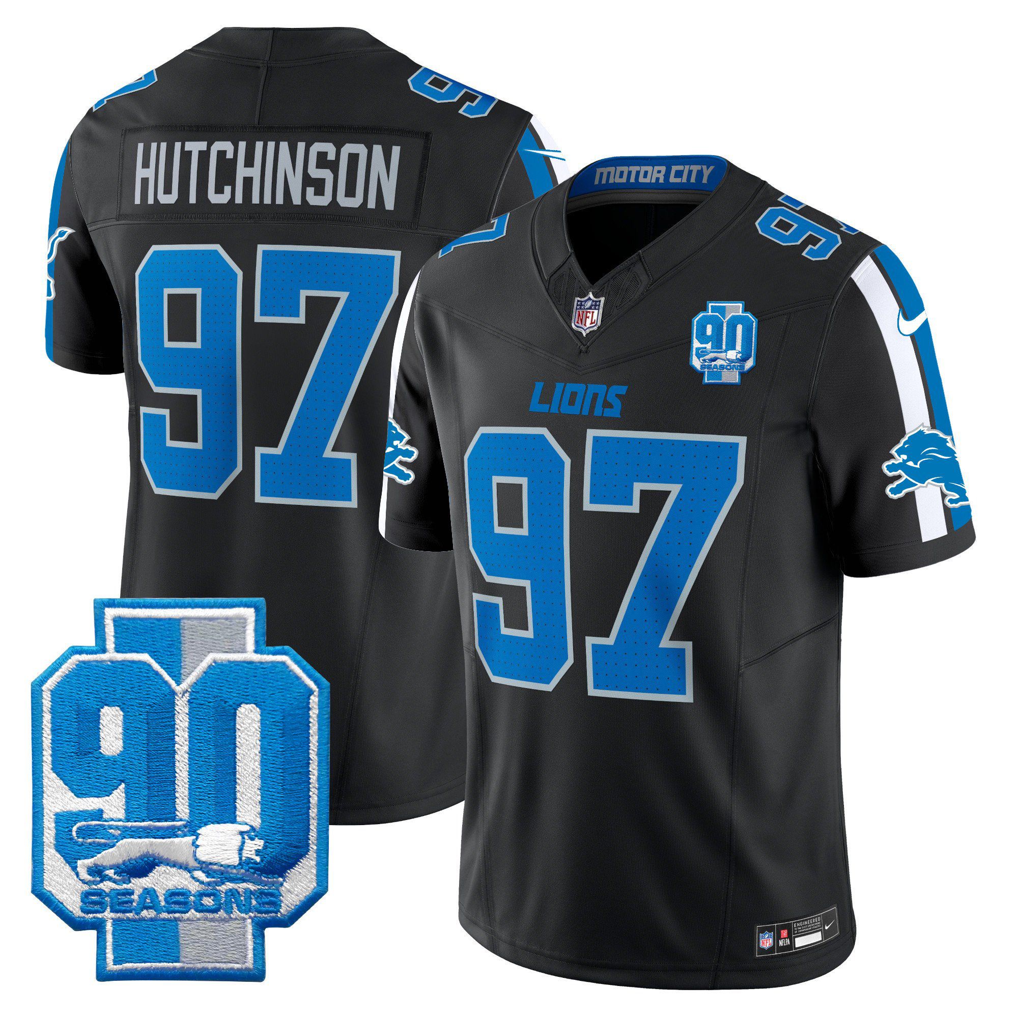 Men Detroit Lions #97 Hutchinson Black 2024 Nike 90th Year Patch Vapor Limited NFL Jersey